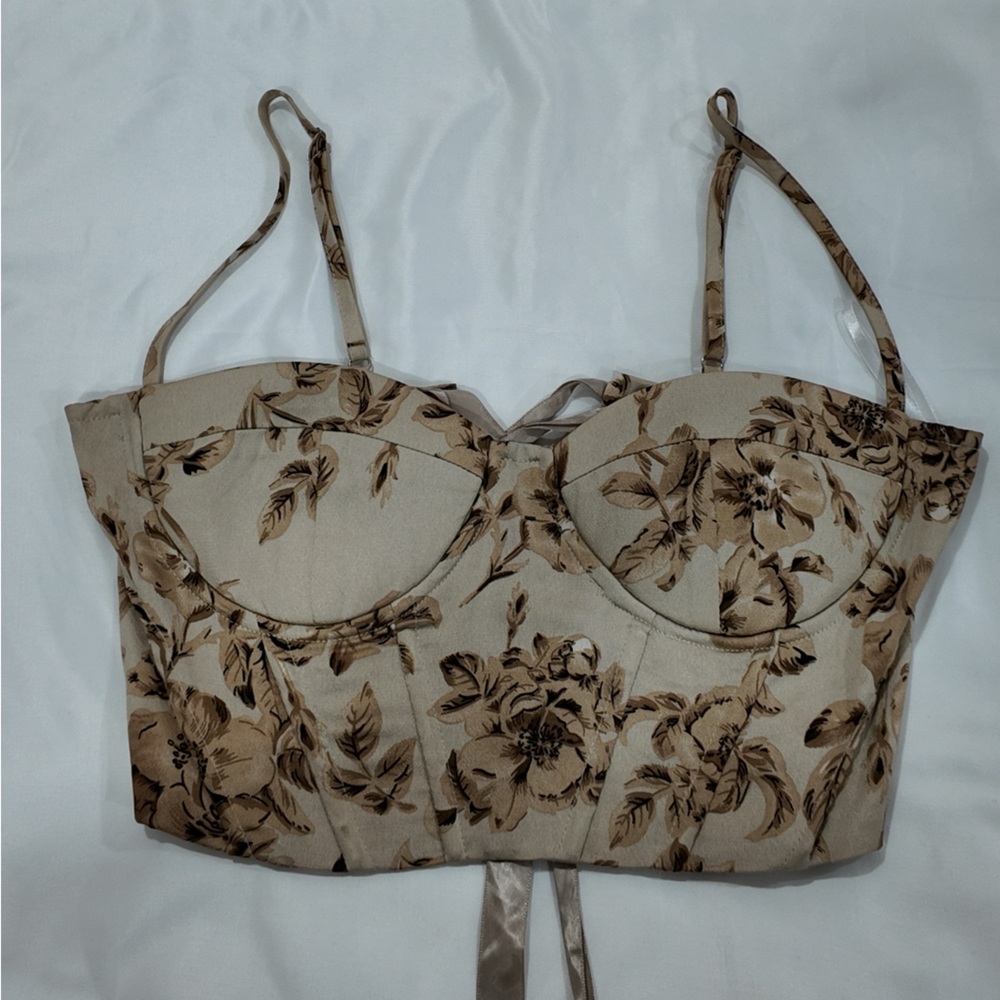 Beige Floral Bustier Bra Top with Adjustable Straps